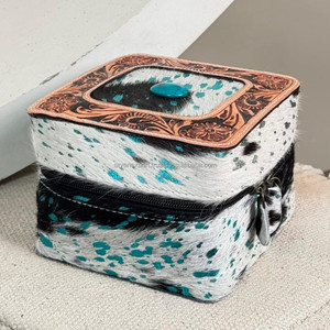 Handcrafted Cowhide <b>Leather</b> Square Zipper Jewelry Case with Hand <b>Tooled</b> Lid Turquoise Stone & Compartments for Rings & Earrings - Product Image 5