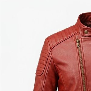 Nouveautés RTS : Blouson moto homme en cuir véritable, col montant, fermeture éclair, style motard, coupe ajustée, rouge, pour l'automne - Product Image 5