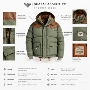 Blouson matelassé vintage vert pour homme, 70 % imperméable, avec col en cuir d'agneau, capuche amovible, poches cargo, quincaillerie en laiton, personnalisable OEM - Product Image 5