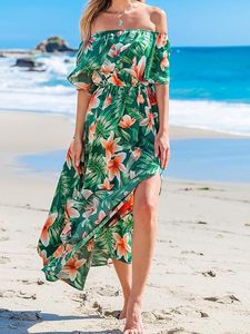 Robe longue d'été florale à volants pour femme, épaules dénudées, manches courtes, dos nu, corsage à volants, ourlet fendu, robes de plage - Product Image 4