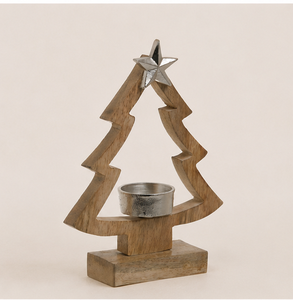 Support de bougie chauffe-plat en bois artisanal pour Noël, avec accent étoile métallique, sur pied, style minimaliste, centre de table festif, vente en gros - Product Image 1