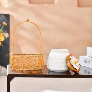 Élégant pot de rangement en métal avec poignée en fil doré, forme ronde, anti-poussière, décoration de salon - Product Image 4