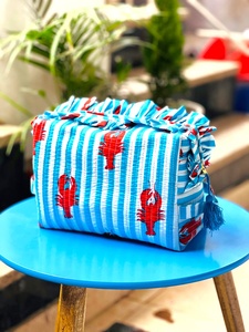 Striped Blue White Embroidered Crab Print Eco-Friendly Cotton Cosmetic Bag Medium Size Zipper Closure Portable <b>Makeup</b> <b>Case</b> - Product Image 2
