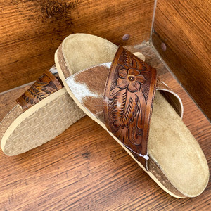 Sandalias cruzadas florales con herramientas a mano occidentales, sandalias deslizantes de cuero de vaca con pelo genuino, chanclas para exteriores, calzado de mujer - Product Image 3