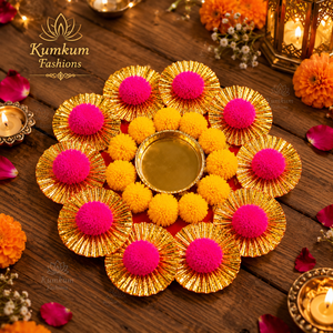 Porte-bougie décoratif Pom Pom Gota Mirror Rangoli pour Diwali, décoration de maison, centre de table de mariage, cadeau festif, bois et métal - Product Image 4