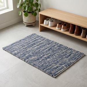 Tapis artisanal tissé à la main antidérapant à poils moyens bouclés, motif galets épais, bleu crème, en laine texturée, pour la décoration intérieure moderne - Product Image 4