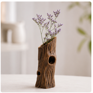 Jarrón de Madera Rústico con Forma de Tronco de Árbol, Textura Natural y Diseño Hueco para Decoración de Mesa - Product Image 1