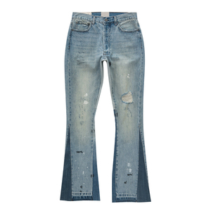 XUCHANG Pantalon évasé empilé pour homme, en cuir déchiré, patchwork, effet éclaboussures de peinture, bords bruts, délavé et vieilli, séchage rapide, respirant, haute qualité - Product Image 1