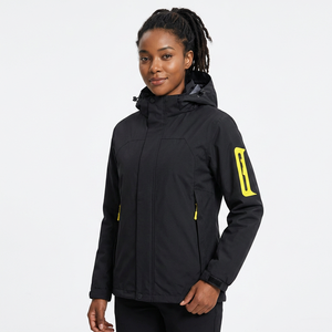 Men's Waterproof Winter Jacket Hooded Solid Black With Yellow Logo On Sleeve Sporty Style Zipper Closure - Product Image 2