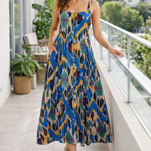 Vestido Midi para Mujer, Tirantes Finos, Estampado Ikat, Estilo Casual, Abotonado, Azul, Uso Diario, 100% Algodón, Cintura Natural, Transpirable - Product Image 1