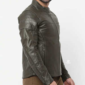 Chaqueta de Cuero Verde para Hombre, Corte Ajustado, Cuello Alto, Estilo Motero, con Cierre, Casual, de Invierno, de Cuero Genuino - Product Image 5