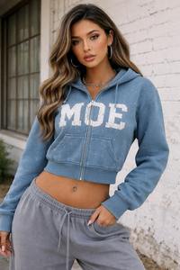 Sudadera con capucha unisex extragrande sin cordones, con logo bordado en mezclilla personalizado, sudadera con capucha desgastada personalizada, sudaderas con capucha pesadas con cremallera OEM - Product Image 4