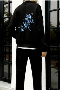Ensemble de survêtement pour femmes, 2 pièces, broderie florale, noir, manches longues, coupe ample, décontracté, à porter toute l'année - Product Image 2