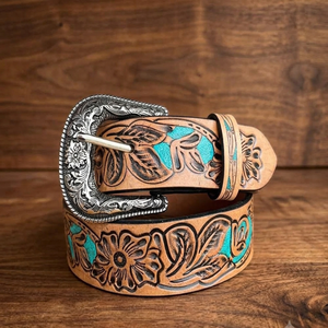 Custom Made Western Floral Engraved <b>Leather</b> Belt With Silver Buckle Painted Design Full Grain Western <b>Leather</b> <b>Tooling</b> Belt - Product Image 3