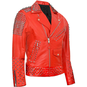 Lawd Sports Red PU Leather Unisex <b>Punk</b> Style Motorcycle <b>Jacket</b> Rivet Decoration V-neck Zipper Closure Breathable Autumn Wear - Product Image 2