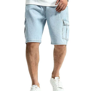 Shorts cargo bleu clair pour homme, taille mi-haute, élastique, respirant, style bermuda décontracté avec plusieurs poches, couleur unie, tissu en coton - Product Image 4