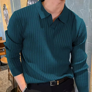 Polo de Punto Acanalado de Manga Larga para Hombre, Alta Elasticidad, Corte Ajustado, Color Sólido, Cuello con Solapa sin Botones, Texturizado, Ropa Casual para Hombre - Product Image 1
