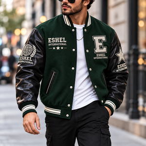 Chaqueta Varsity Borgoña para Hombre, con Mangas de Cuero, Letra Bordada, Botones a Presión, Abrigo Casual de Invierno - Product Image 6