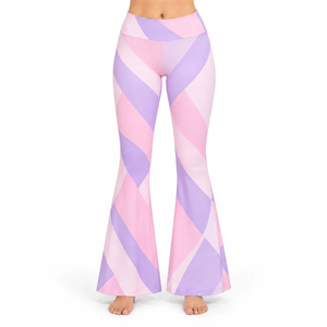 Leggings évasés taille haute à imprimé géométrique rose et violet, en tricot extensible, longueur intégrale, pour femme, toutes saisons, coupe cloche - Product Image 1