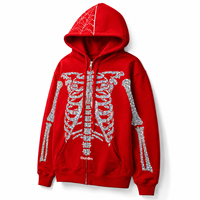 Sweat-shirt à capuche zippé KhunBro rouge avec imprimé cœur en strass, unisexe, décontracté, en polaire, respirant, anti-humidité et coupe-vent