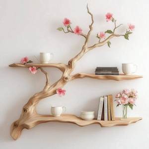 Luxury Handcrafted Cherry Blossom Tree Wall Mounted Floating Shelf Artistic Solid Wood Display Rack - Product Image 1