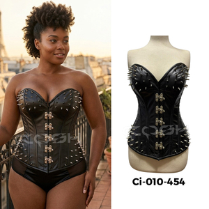 Overbust Steelboned Black Leather Spiked <b>Corset</b> With Front Clasp Closure - Product Image 5