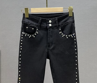 Celana Jeans Pria High Waist Flare Berhias Mutiara, Cuci Pasir, Denim Katun Vintage, Streetwear, Pesanan Khusus