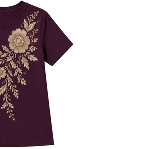 T-shirt en coton personnalisé pour femme, col rond, manches courtes, motif floral brodé beige, décontracté, OEM, qualité supérieure, mode estivale - Product Image 4