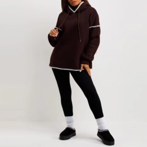 Unisex Brown Hooded Sweatshirt Oversized Long Sleeve Solid Color Knitted Cotton Casual Autumn Wear - Product Image 3