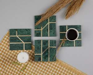 Posavasos de Mármol con Inserto de Latón, Cuadrados, Resistentes al Calor, para Bebidas y Té, Hechos a Mano, de Mármol Verde, Artículos de Regalo - Product Image 1