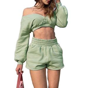 Ensemble deux pièces pour femmes, sweat-shirt à capuche court zippé personnalisé, sweat-shirt en toile unie, pantalon de survêtement, jogging - Product Image 3