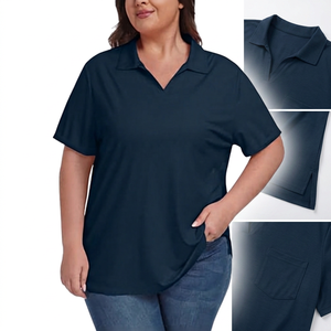 Polo à manches courtes en tricot bleu marine pour femmes, taille plus, couleur unie, respirant, longueur normale - Product Image 2