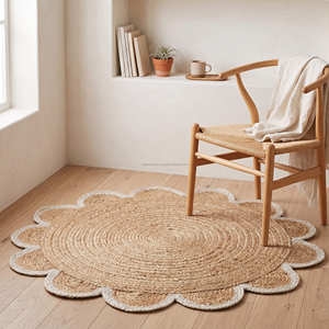 Tapis rond en jute de 120 cm avec bordure en pétales tressés à la main pour une décoration intérieure contemporaine - Product Image 1