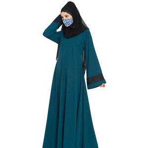 Teal Long Sleeve Floor Length Abaya With Lace Cuffs Round <b>Neck</b> Loose Fit Modest Dress For Women Middle East Style Daily Wear - Product Image 3