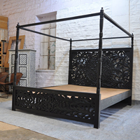 Cama King Size de Madera Tallada de 4 Paneles, Muebles de Dormitorio, Acabado Negro, Cama de Madera Tallada, Muebles de Alta Calidad Premium