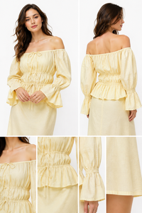 Ensemble haut jaune sans manches à épaules dénudées et pantalon large |   Tenue d'été décontractée en dentelle et coton |   Vacances à la plage pour femmes - Product Image 2