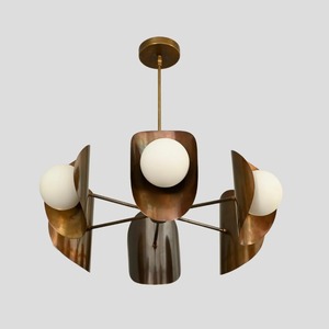 High End Quality <b>Copper</b> Chandelier With Three Globe <b>Lights</b> And Curved <b>Shades</b> For Indoor Lighting Fixtures - Product Image 1