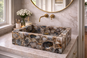 Custom Modern Eco-Friendly Agate Bathroom Sink Luxury Handmade Precious Stone <b>Basin</b> Rectangular Vanity Wash <b>Basin</b> - Product Image 4