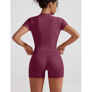 Conjunto Deportivo de 2 Piezas para Mujer, Color Ciruela, Top Corto de Manga Corta con Bolsillo, Pantalones Cortos de Cintura Alta, Tejido Sólido Transpirable, Primavera Verano - Product Image 2