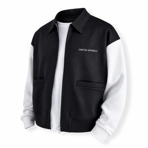 ONETEN APPARELS Veste bomber unisexe noire et blanche unie à capuche, col à revers, vêtement décontracté d'automne, écologique, 100% coton - Product Image 4