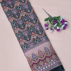 Tela de crepé ligera negra carbón con bordado floral de 54 pulgadas, diseño de borde Daman, para Kurti, Anarkali, Gown, Salwar - Product Image 2