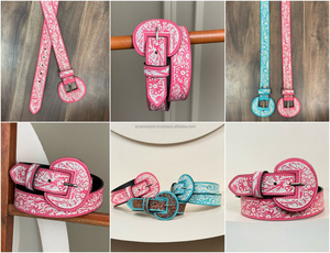 Cinturón con hebillas redondeadas anchas de cuero genuino con herramientas manuales clásicas personalizadas, cinturones vaqueros occidentales con relieve floral turquesa cómodos - Product Image 3