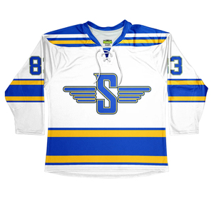 Maillot de hockey sur glace blanc, bleu et jaune rayé, sublimé, anti-humidité, manches trois quarts pour homme, 100% polyester, personnalisé - Product Image 1