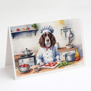 Whimsical A7 Size <b>5x7</b> Blank Note Cards Pack 8 English Springer Spaniel the Chef Greeting Cards with <b>Envelopes</b> - Product Image 1