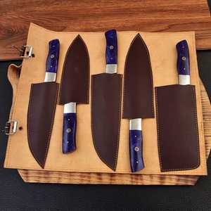 Handmade Damascus Chef <b>Knife</b> <b>Set</b>: Purple Resin Handle Forged Kitchen <b>Knives</b> - Product Image 3