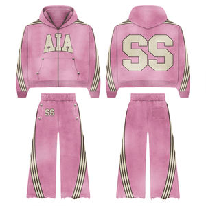 Ensemble de survêtement unisexe streetwear imprimé à capuche, zippé, deux pièces, avec pantalon jogger évasé et coupe ample - Product Image 1