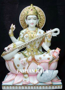 Belle statue de la déesse Saraswati en marbre blanc pur assise sur un cygne pour le culte à la maison, au bureau et dans les collèges au meilleur prix - Product Image 2