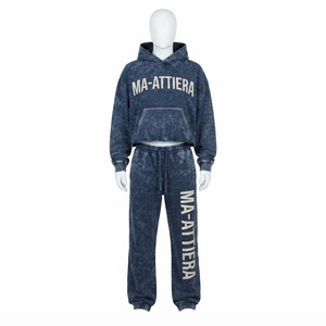 Custom <b>Women</b> Acid Wash <b>Navy</b> Blue Cropped Hoodie Jogger Set Cotton Fleece Streetwear Tracksuit OEM Wholesale - Product Image 4