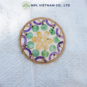 Handcrafted Eco-Friendly Vintage Design Rattan Coaster Set Mother Pearl Inlaid 100mm Diameter 10mm Thickness Natural - Product Image 1