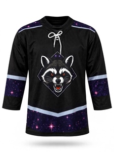 Maillot de hockey sur glace noir sublimé tendance motif Raccoon Galaxy, style vintage, col lacé, respirant, pour le sport, vente en gros - Product Image 1